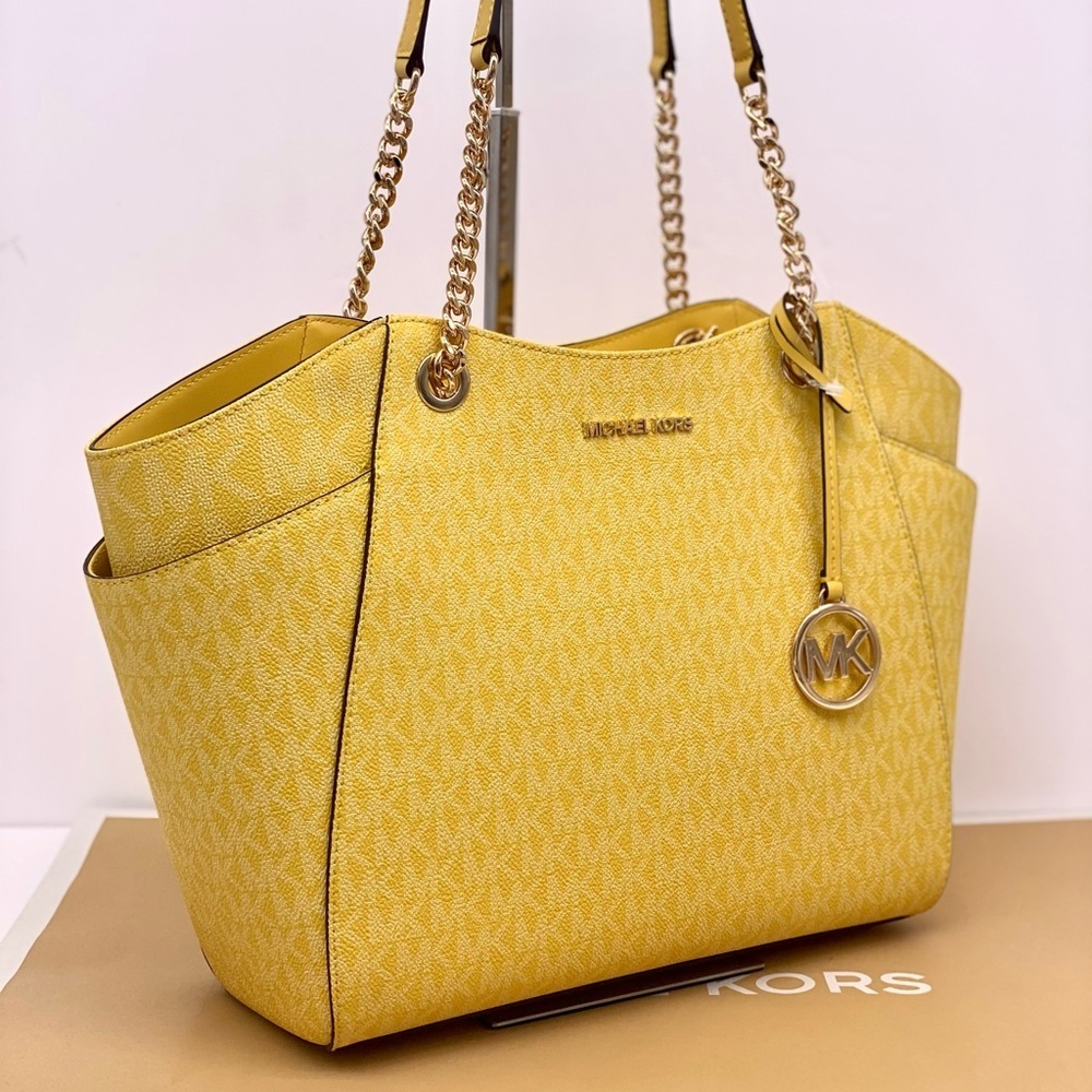 Michael Kors Signature Logo Chain Shoulder Tote DAISY YELLOW - Picture 3 of 14